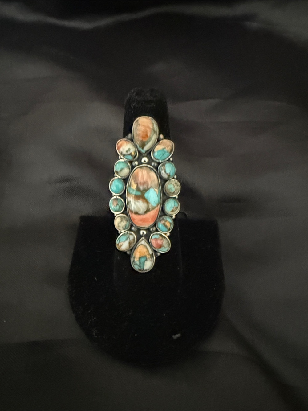 Turquoise & Coral Cluster Statement Ring - Women Jewelry Sterling Silver-Plated